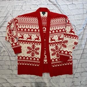 Festive Red and White Cardigan with Reindeer Pattern